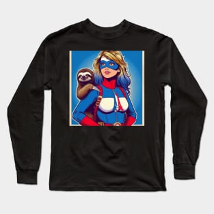 Francais: Female 70's Comic Book Hero with Sloth 1 Long Sleeve T-Shirt